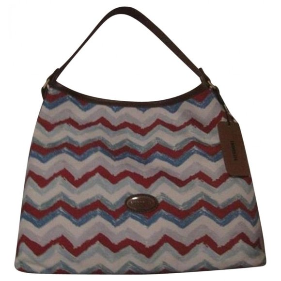 Missoni Red White Blue Chevron Print Canvas and Tan Leather Shoulder Bag